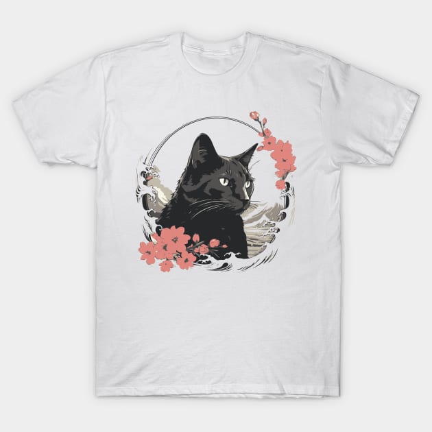 Black cat flower T-Shirt by Hoperative
